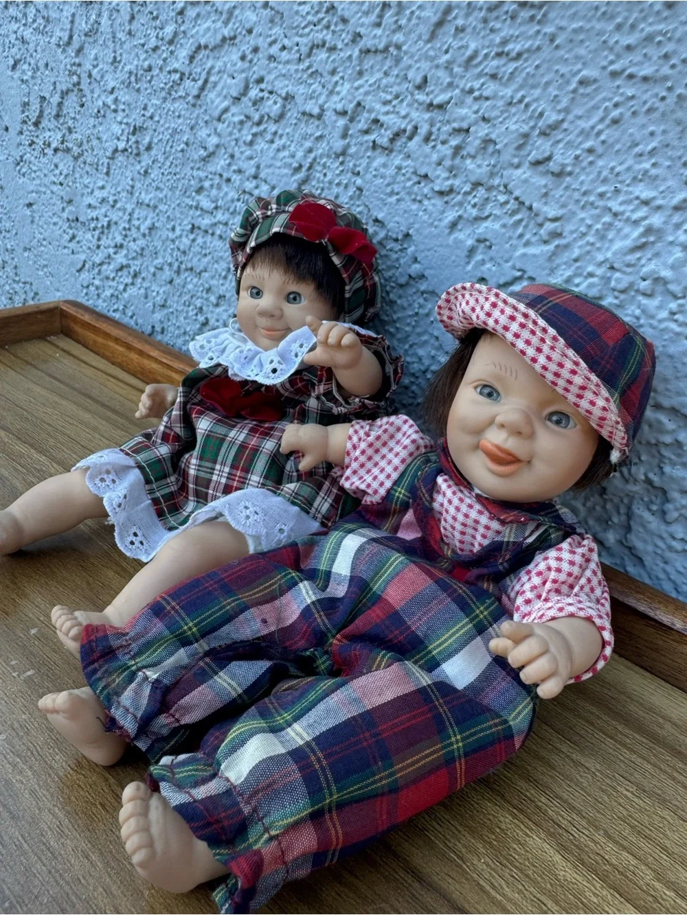 Beautiful Vintage Twin Dolls in Matching Plaid Outfits - 8”